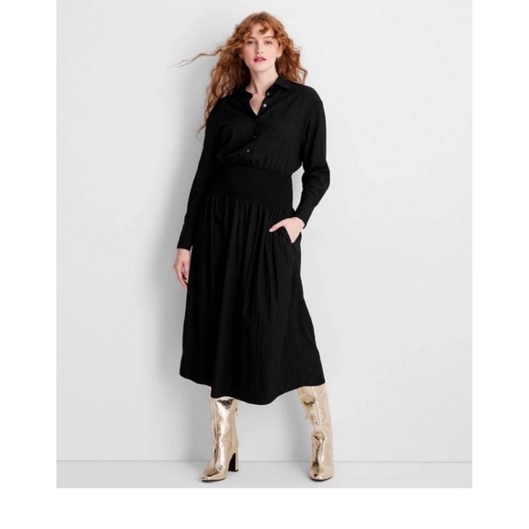 Future collective Black Shirtdress Smocked Waist Long Sleeve Midi Button Front - Picture 16 of 16